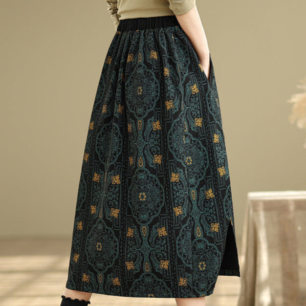 Babakud Women Spring Vintage Side-Slit Printed Denim Skirt