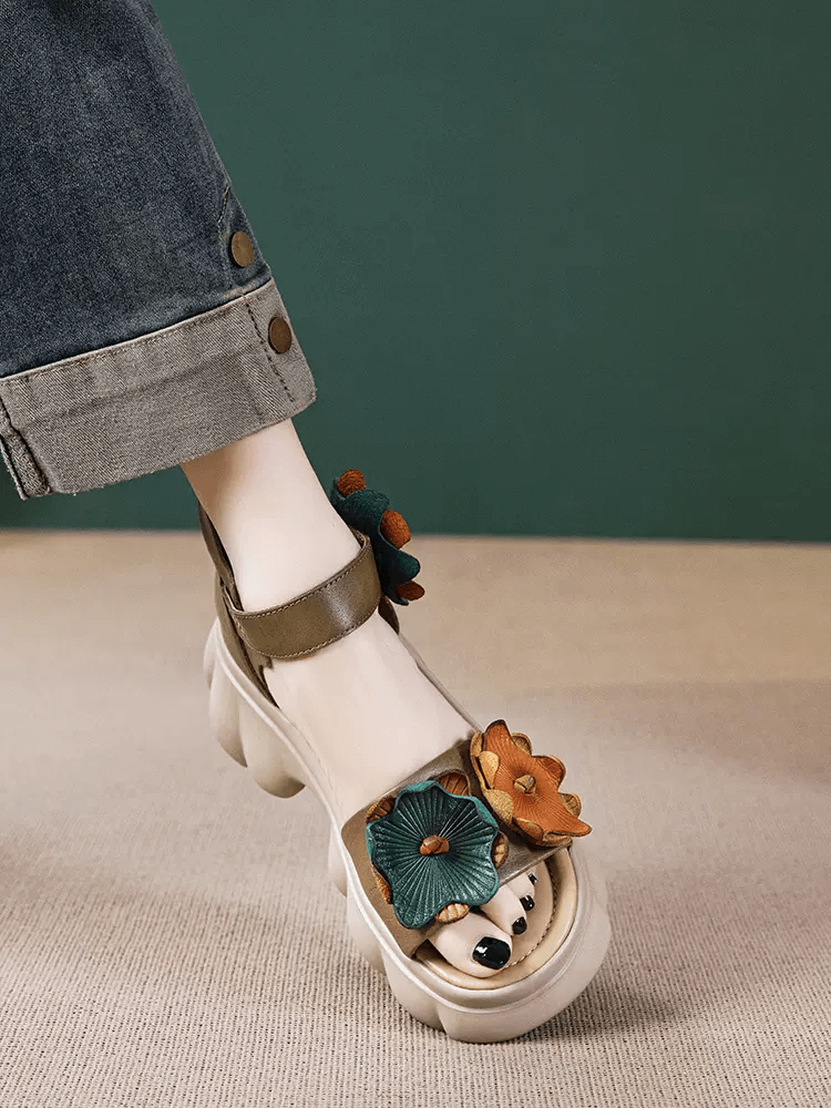 Babakud Women Leather Flowers Trendy Platform Sandals