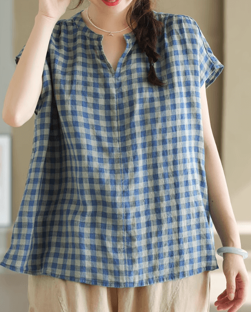 Babakud Women Summer Vintage Linen Plaid Top