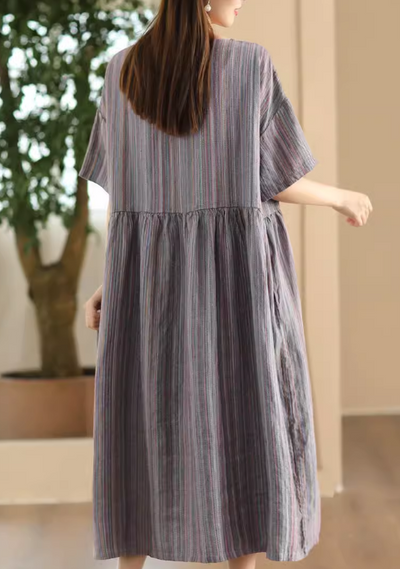 Babakud Women Summer Artistic Linen Hemp Striped Dress