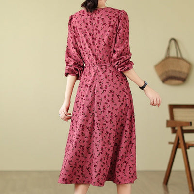 Babakud Women Spring Retro Printed Rose Corduroy Long Sleeves Dress