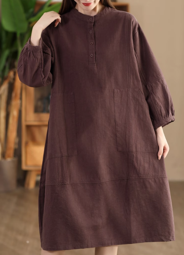 Babakud Women Autumn Retro Cotton Ramie Dress