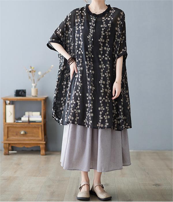 2024 Retro Printed Ruffled Dolman Sleeve Loose Midi Shirt