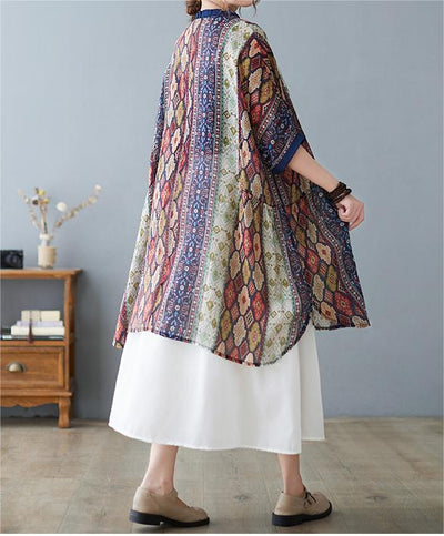 2024 Retro Printed Ruffled Dolman Sleeve Loose Midi Shirt