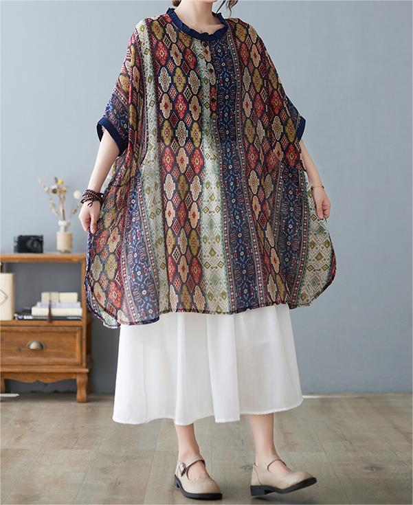 2024 Retro Printed Ruffled Dolman Sleeve Loose Midi Shirt