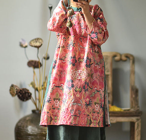 Vintage Printed Asymmetric Front Mid-Length Linen Dresses