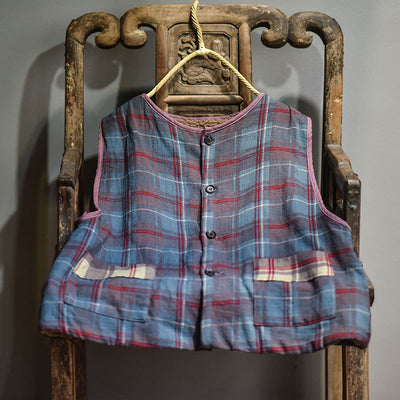 Retro Plaid Warm Lambswool-Lined Thick Padded Linen Vest