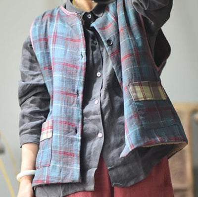 Retro Plaid Warm Lambswool-Lined Thick Padded Linen Vest