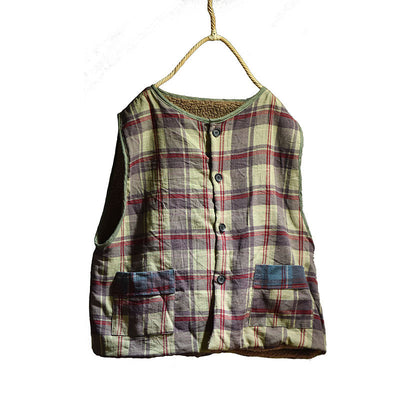 Retro Plaid Warm Lambswool-Lined Thick Padded Linen Vest