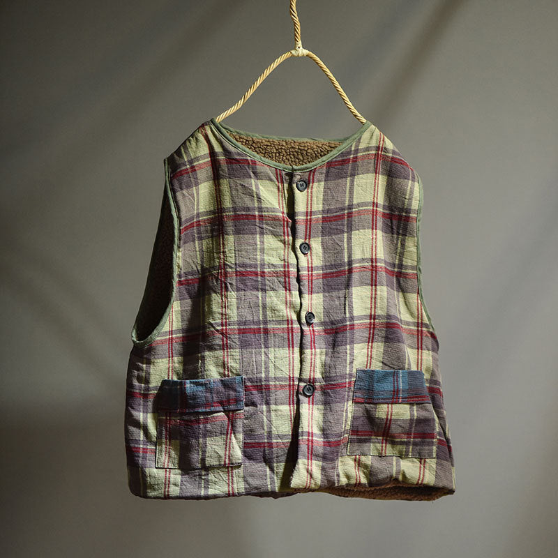 Retro Plaid Warm Lambswool-Lined Thick Padded Linen Vest