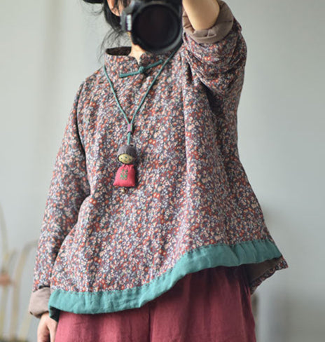 Women Traditional Style Floral Printed Padded Linen Coat