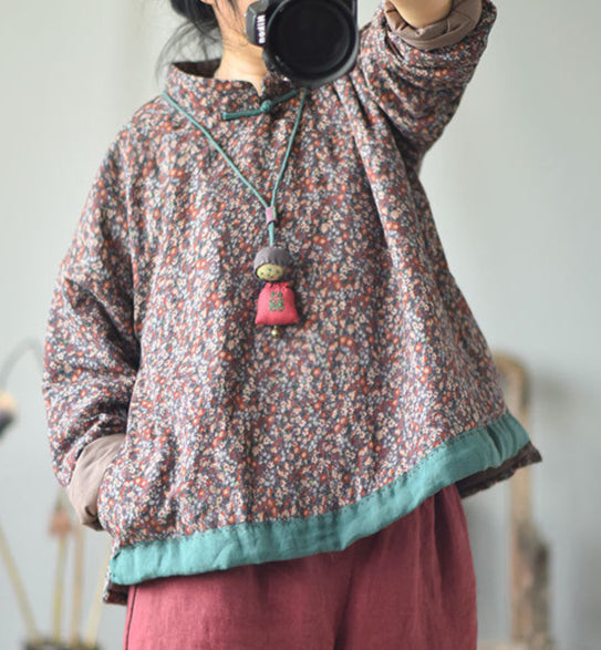 Women Traditional Style Floral Printed Padded Linen Coat