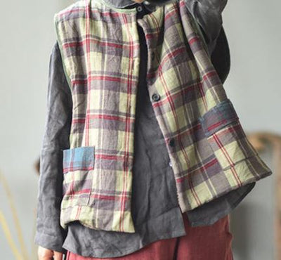 Retro Plaid Warm Lambswool-Lined Thick Padded Linen Vest