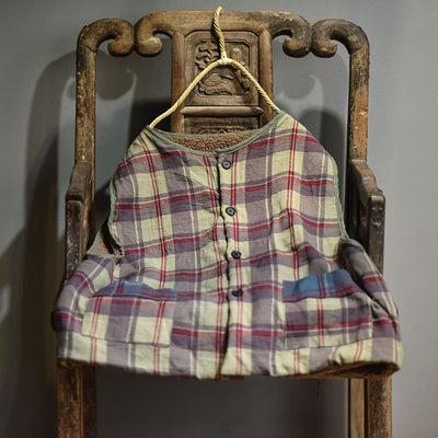 Retro Plaid Warm Lambswool-Lined Thick Padded Linen Vest