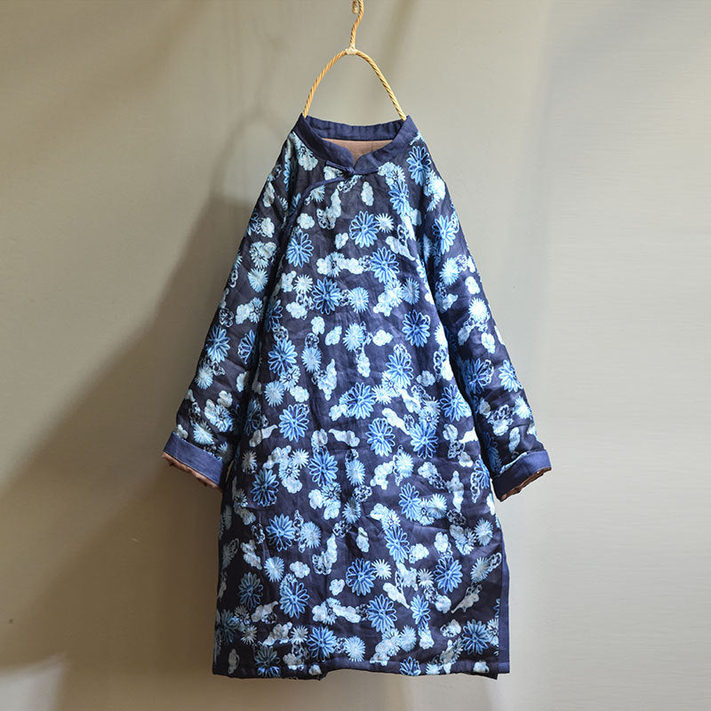 Women Asymmetric Printed Mid- Length Ramie Cotton Coats