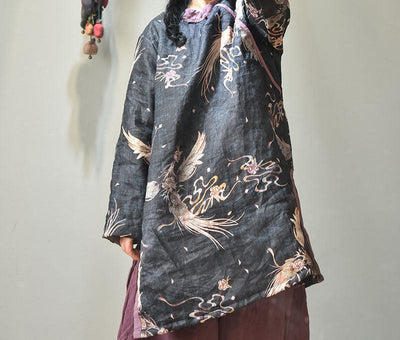 Women Asymmetric Printed Mid- Length Ramie Cotton Coats