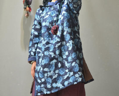 Women Asymmetric Printed Mid- Length Ramie Cotton Coats