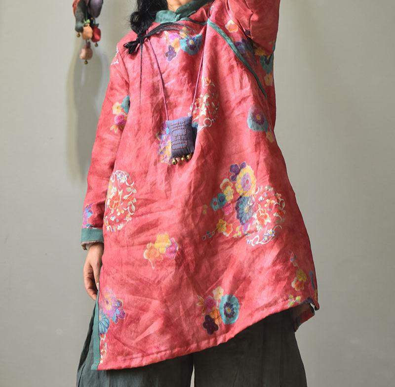 Women Asymmetric Printed Mid- Length Ramie Cotton Coats