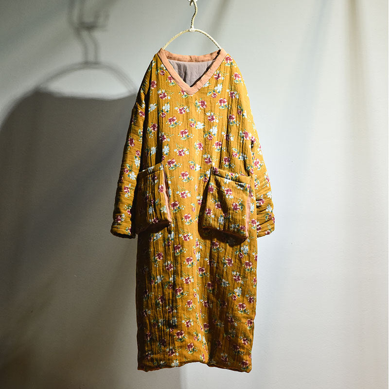 Warm Large Pocket Floral Printed Mid- Length Cotton Coat