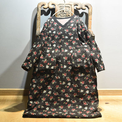 Warm Large Pocket Floral Printed Mid- Length Cotton Coat