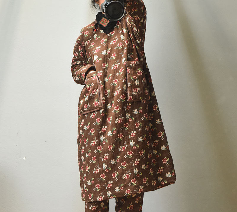 Warm Large Pocket Floral Printed Mid- Length Cotton Coat