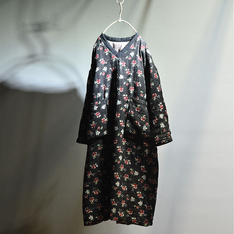 Warm Large Pocket Floral Printed Mid- Length Cotton Coat