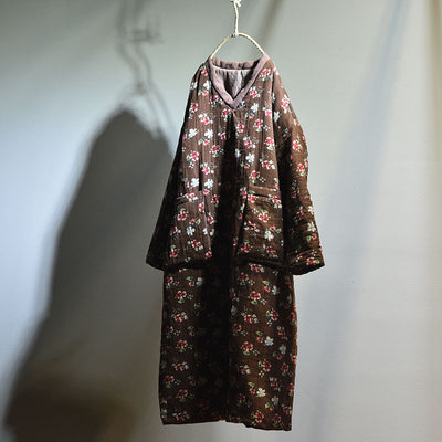 Warm Large Pocket Floral Printed Mid- Length Cotton Coat