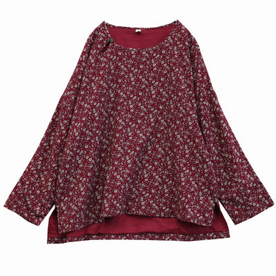 Women Loose Floral Printed Asymmetric Cotton Blouse