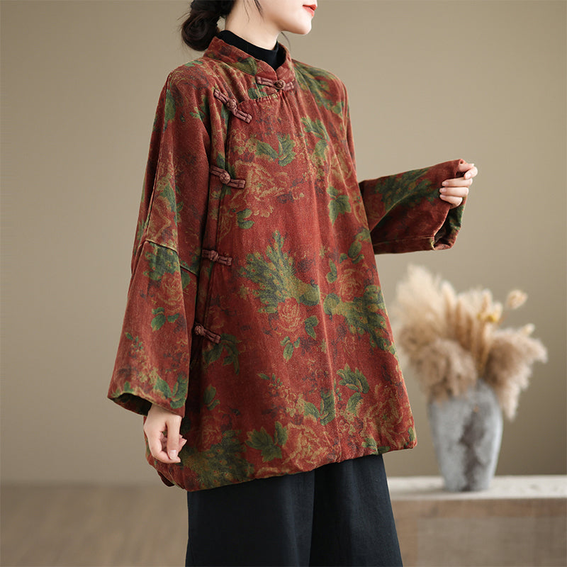 Women Warm Vintage Asymmetric Front Printed Cotton Coat