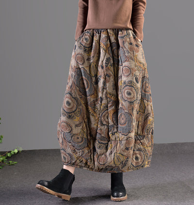 Winter Retro Ethnic Style Printed Padded Thickened Warm Midi Skirt