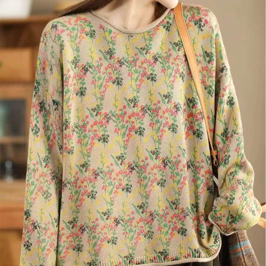 Babakud Women Autumn Retro Cotton Knitted Printed Floral Loose Sweater