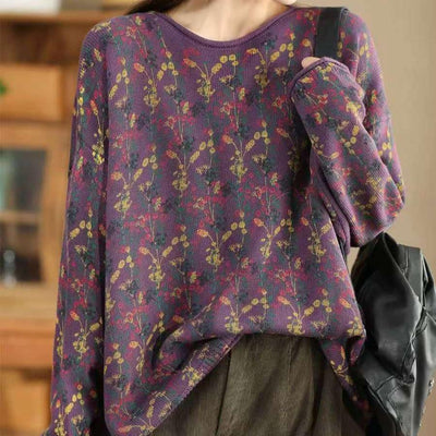 Babakud Women Autumn Retro Cotton Knitted Printed Floral Loose Sweater