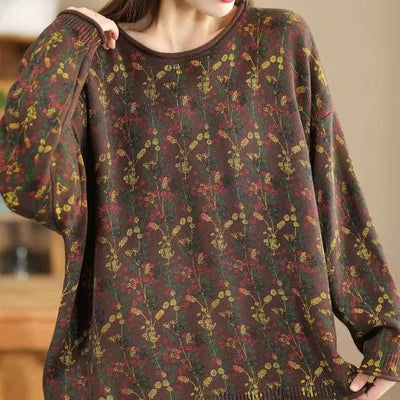 Babakud Women Autumn Retro Cotton Knitted Printed Floral Loose Sweater