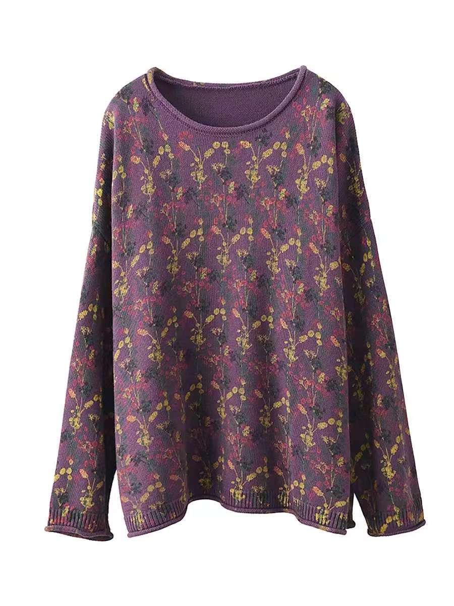 Babakud Women Autumn Retro Cotton Knitted Printed Floral Loose Sweater