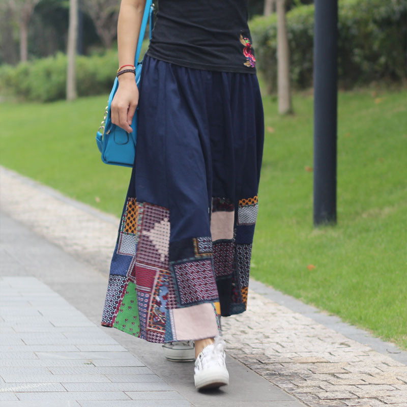 Ethnic Style Color Block Cotton Linen A- Line Skirts