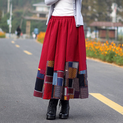 Ethnic Style Color Block Cotton Linen A- Line Skirts