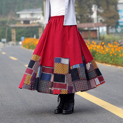 Ethnic Style Color Block Cotton Linen A- Line Skirts