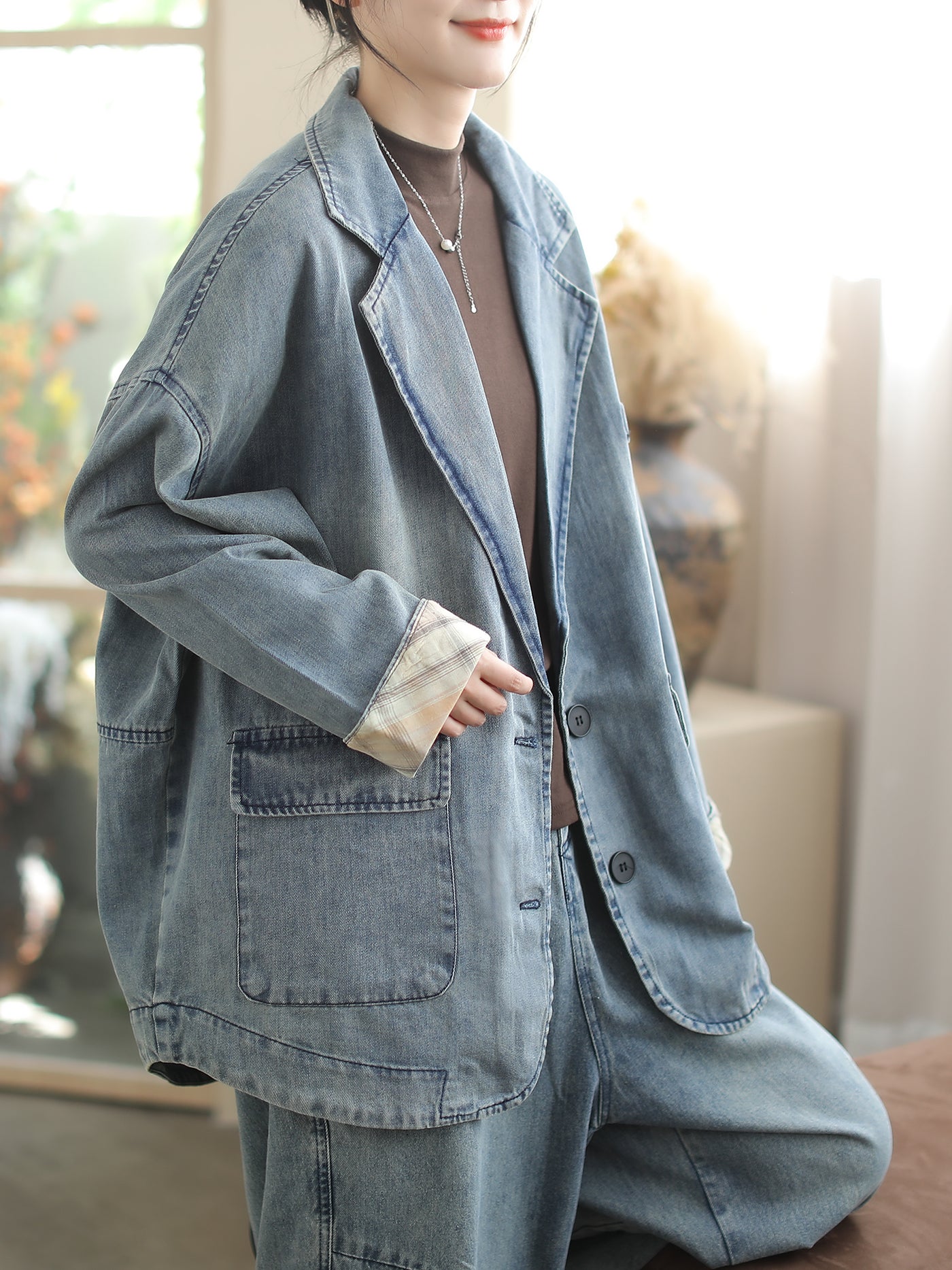 Ladies Retro Loose Washed Lapel Denim Jacket