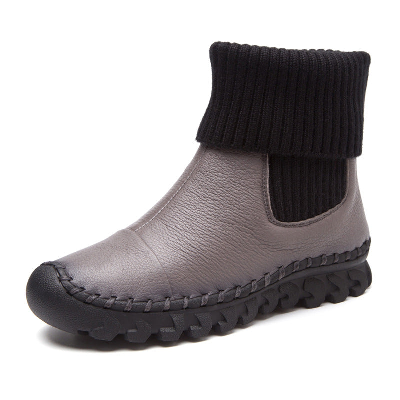 Women Knitted Spliced Genuine Leather Fleece Lining Warm Boots