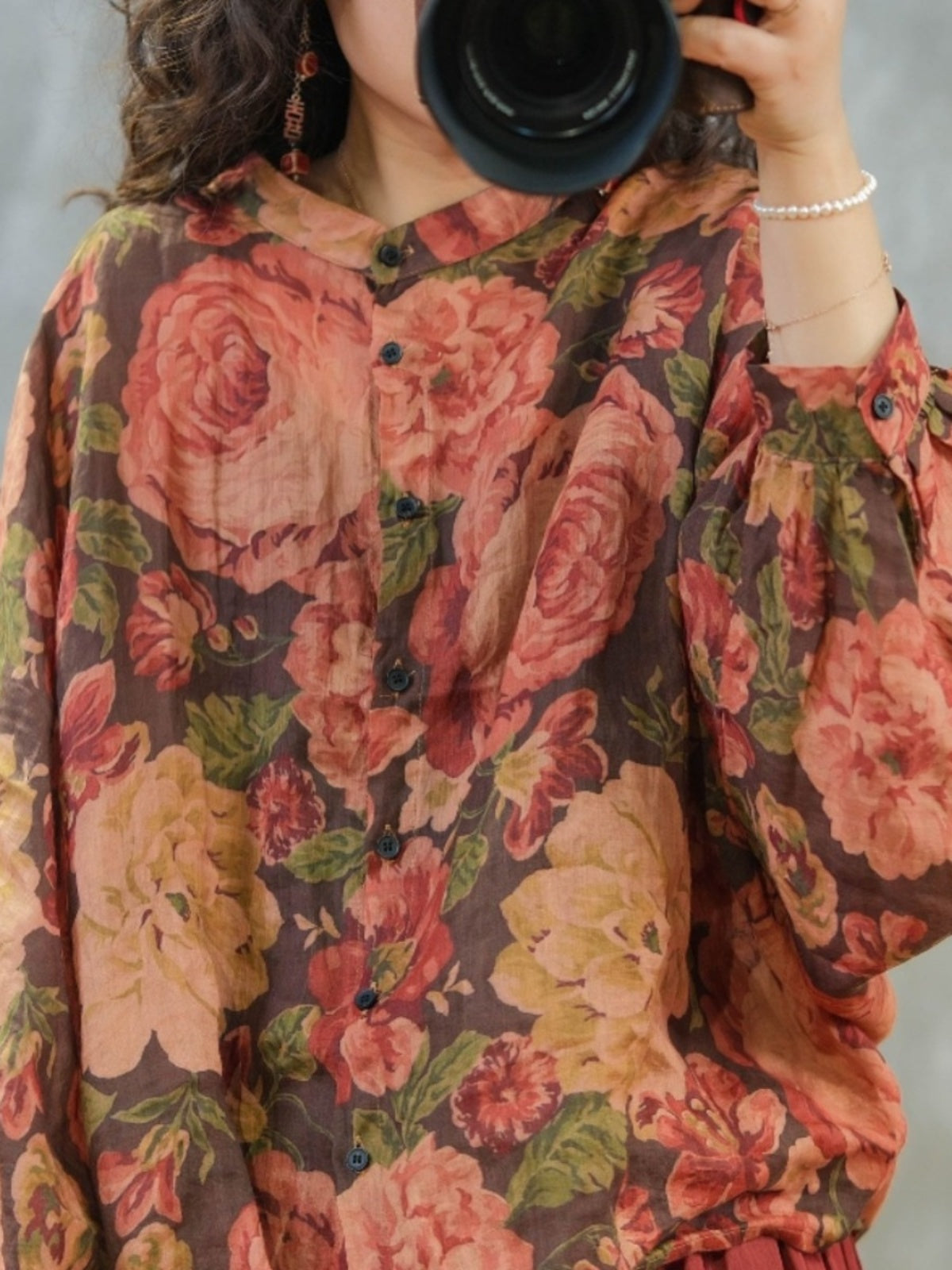 Plus Size Retro Peony Printed Loose Ramie Shirts