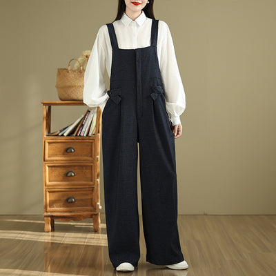 Babakud Women Spring Retro Denim Cotton Loose Wide-Leg Jumpsuit