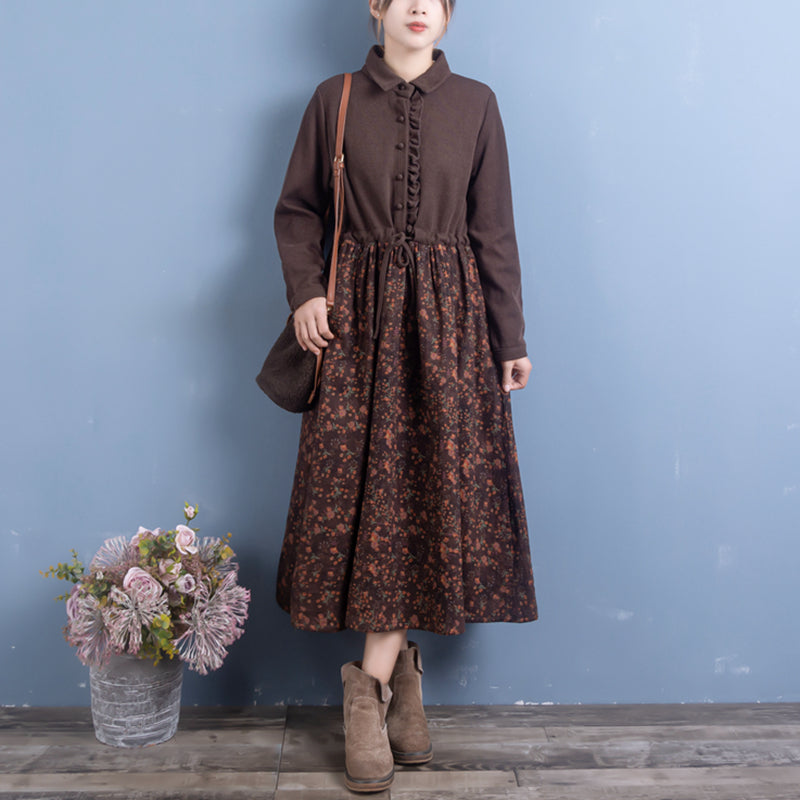 Women Autumn Retro Cotton Linen Patchwork Floral Maxi Dress