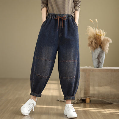 Babakud Women Autumn Solid Color Casual Denim Lace-up Harem Pants