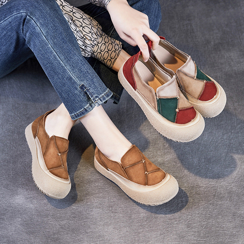 Babakud Women Spring Retro Leather Casual Patchwork Flat Shoes