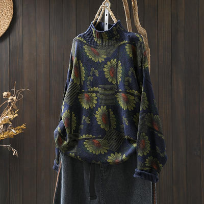 Babakud Women Autumn Sunflower Printed Mock Neck Cotton Sweater