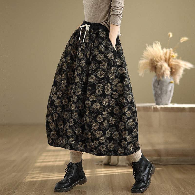 Babakud Women Winter Retro Printed Floral Fleece-Lined A-Line Skirt