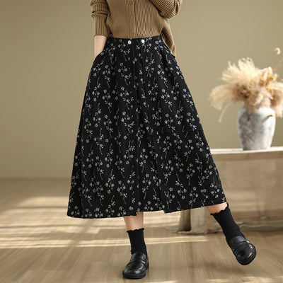 Babakud Women Spring Vintage Loose-Fit Denim Skirt with Flower-Bud Design