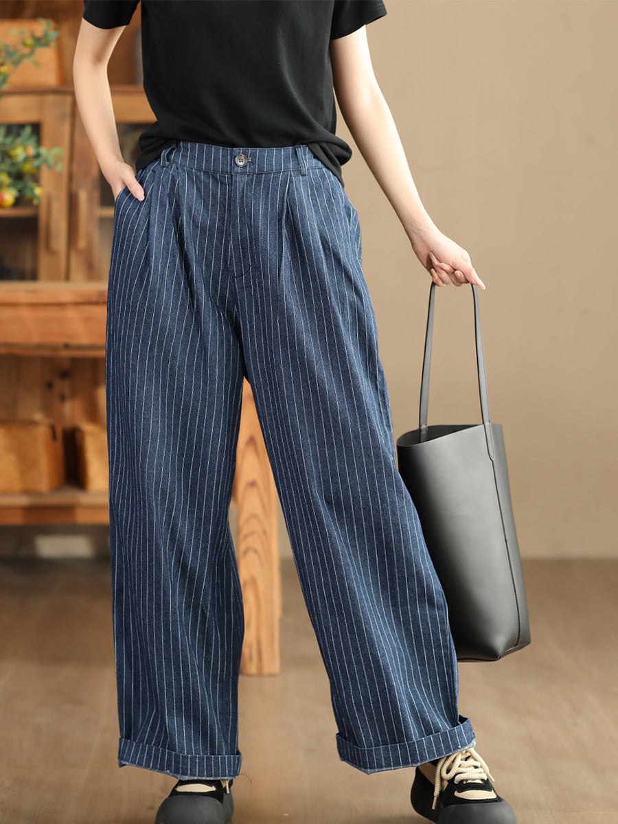 Babakud Women Autumn Cotton Linen Denim Striped Wide- Leg Pants