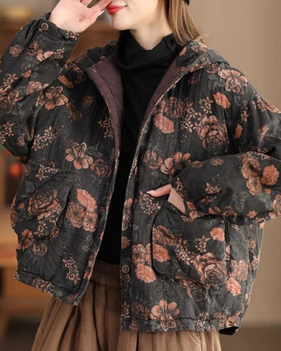 Babakud Women Winter Retro Printed Floral Thickened Hooded Cotton Linen Quilted Jacket