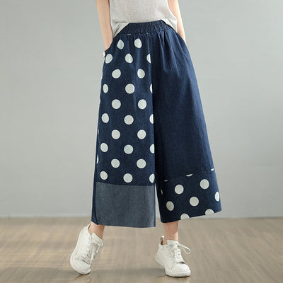 Babakud Women Spring Retro Patchwork Polka Dot Denim Pants